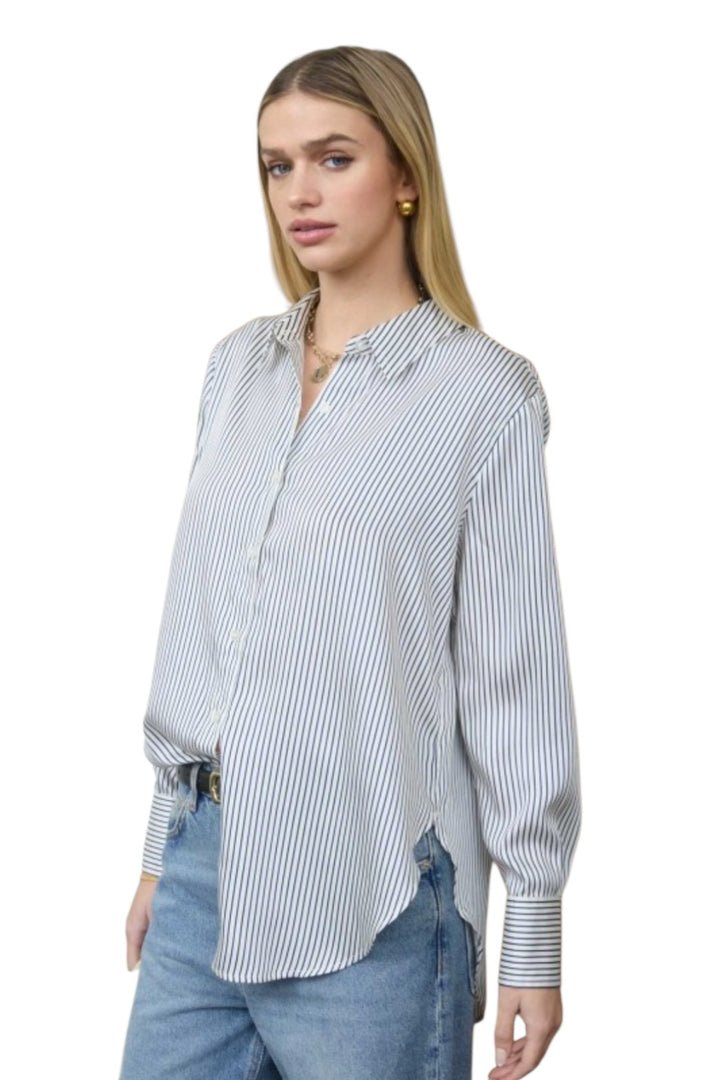 Navy Blue Pinstripe Collared Button Down Long Sleeve Shirt