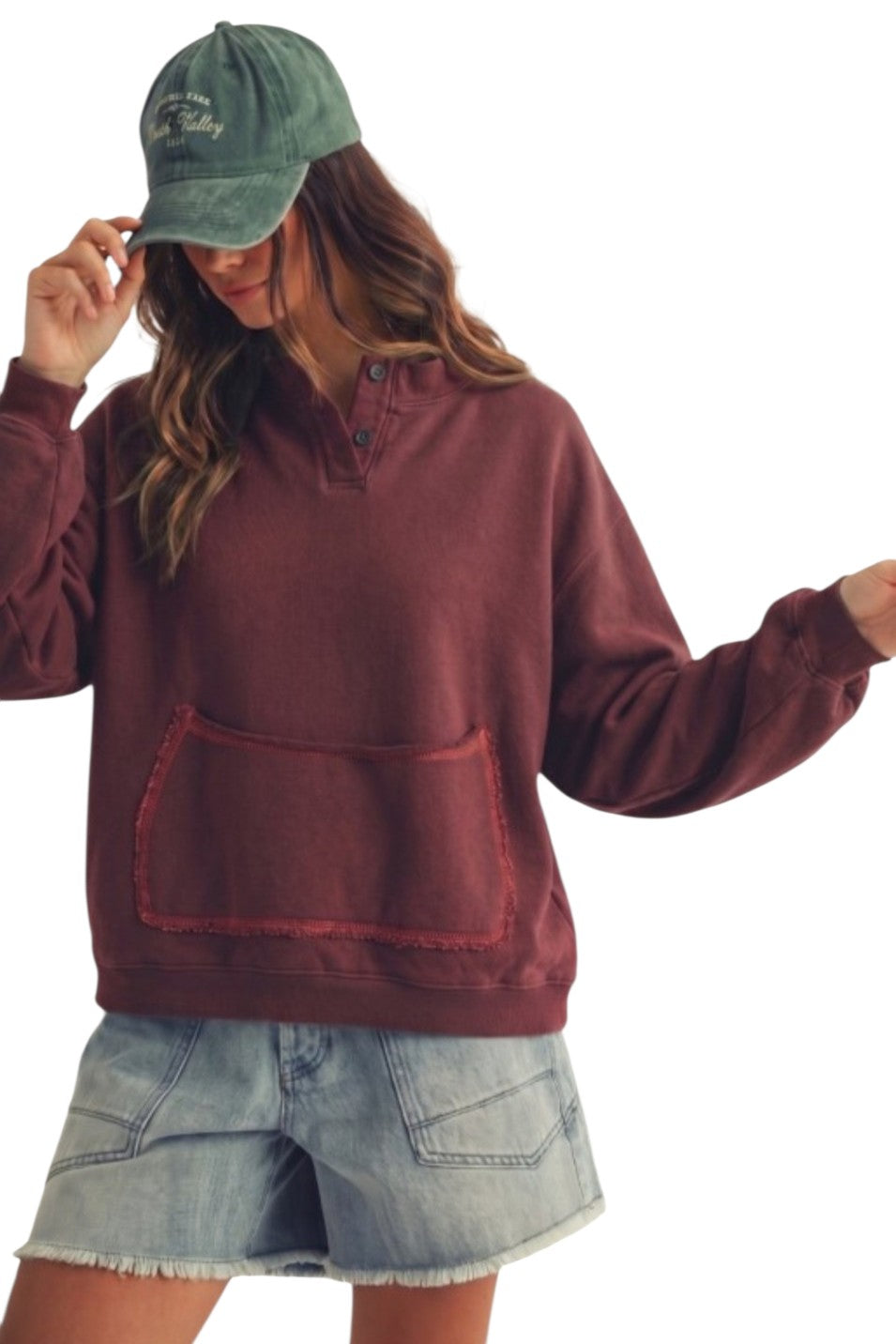 Burgundy Front Pocket Mockneck Button Sweatshirt