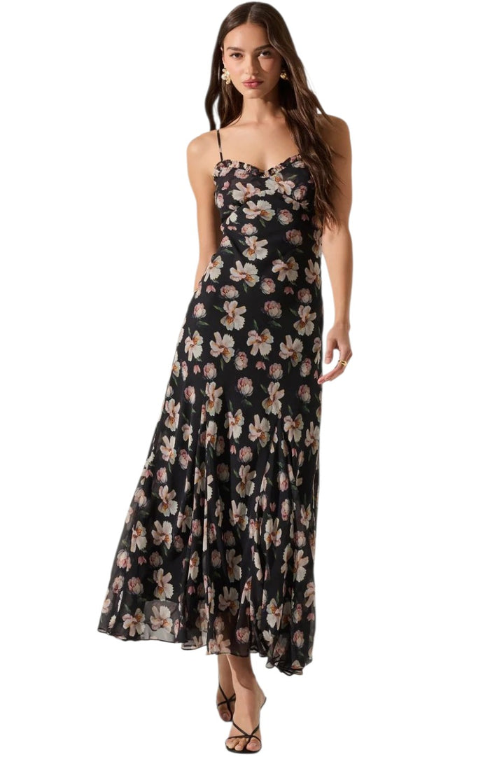 Astr Maeryn Black Floral Sweetheart Ruffle Maxi Dress