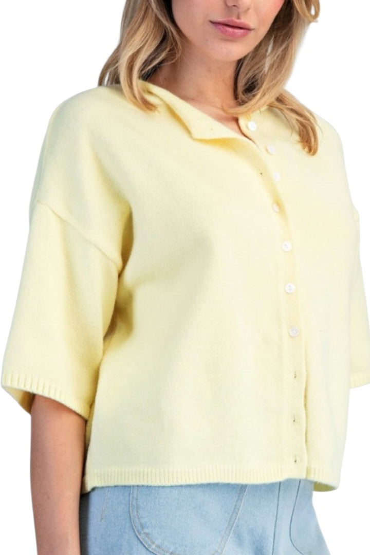 Butter Yellow Oversized Button Down Short Sleeve Cardigan