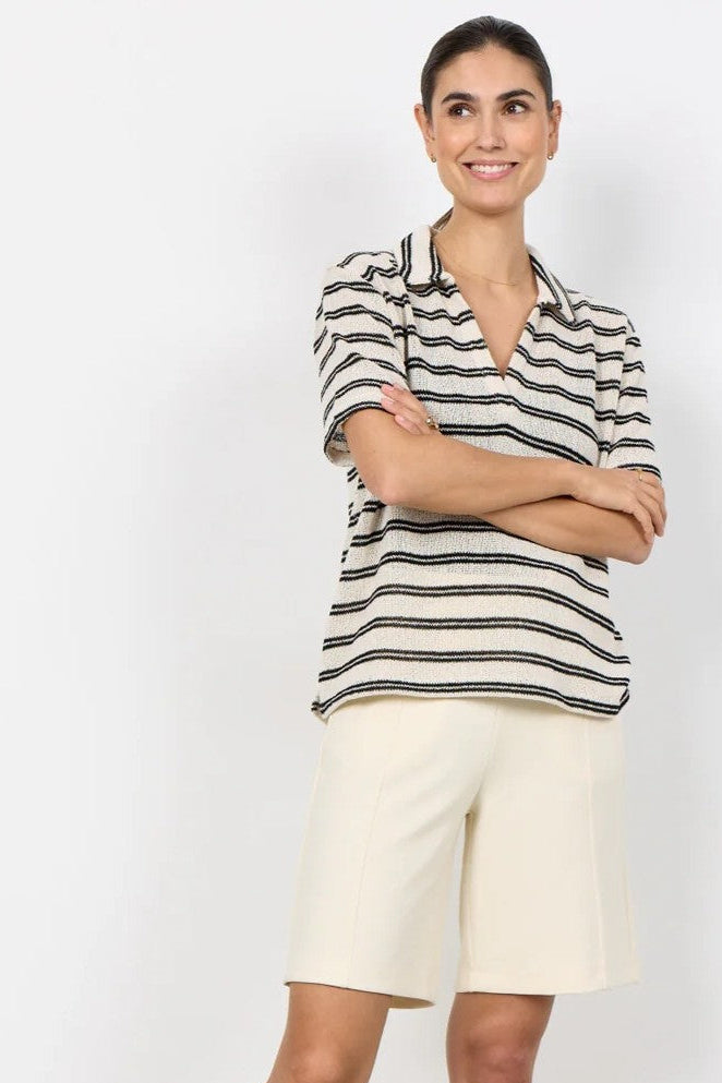 Soyaconcept Black & White Stripe Frey Polo Knit Top