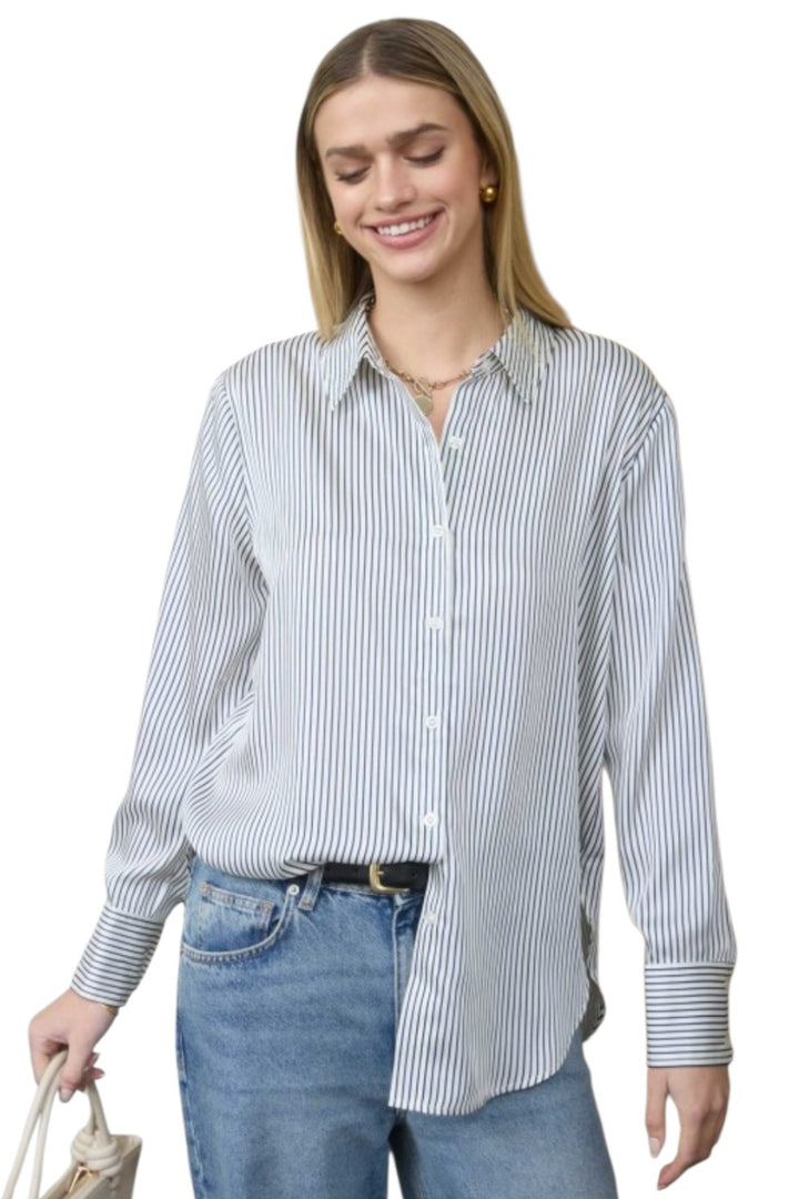Navy Blue Pinstripe Collared Button Down Long Sleeve Shirt