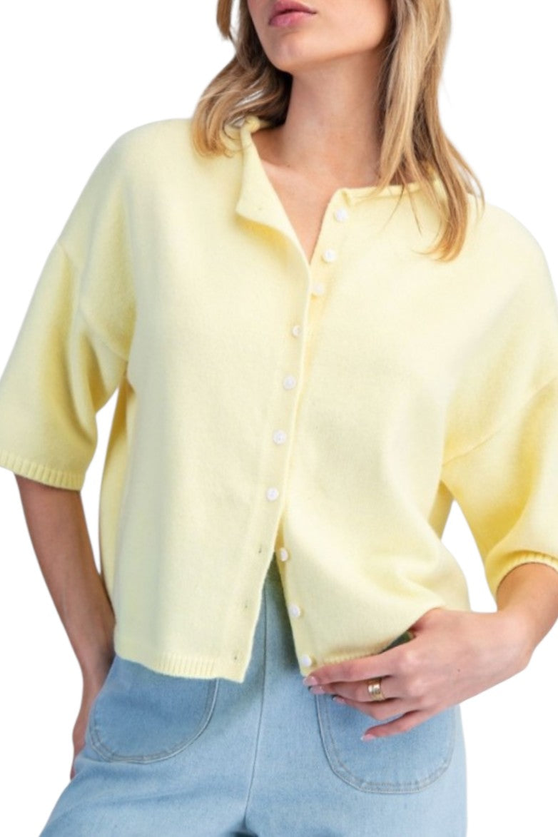 Butter Yellow Oversized Button Down Short Sleeve Cardigan