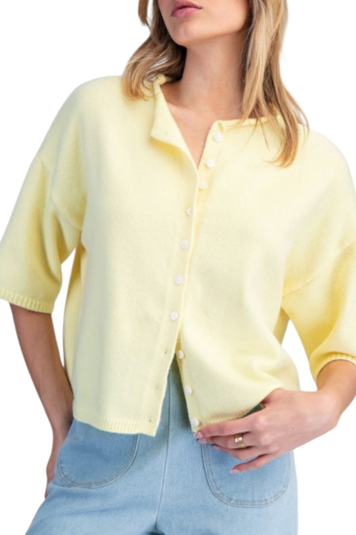 Butter Yellow Oversized Button Down Short Sleeve Cardigan