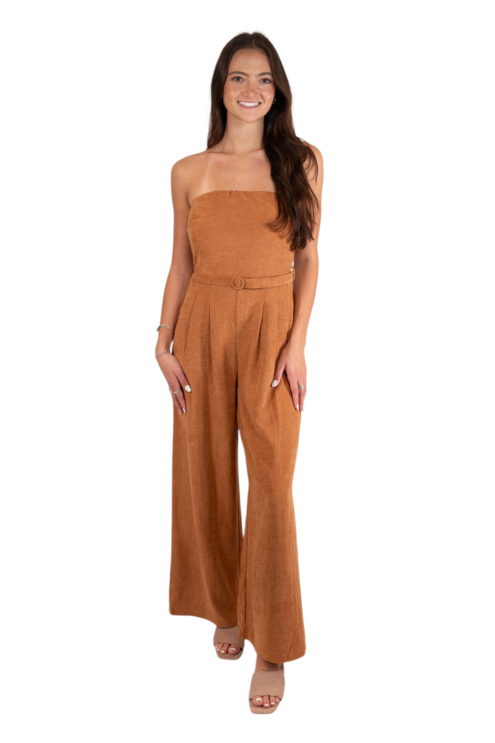 Sadie & Sage Rusty Brown Sundown Tube Top Belted Jumpsuit