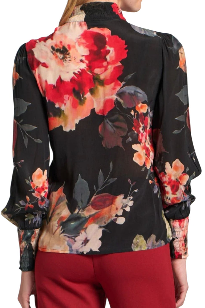 APNY Black Red Roses Puff Sleeve Blouse