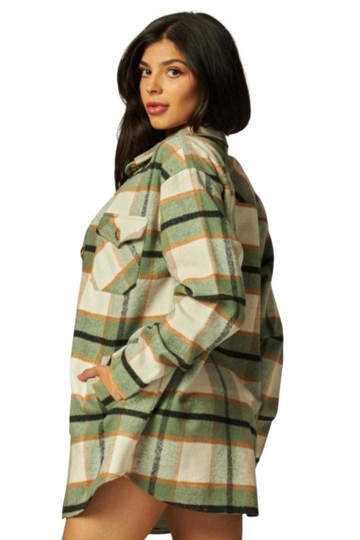 Green & White Plaid Long Button Flannel Jacket