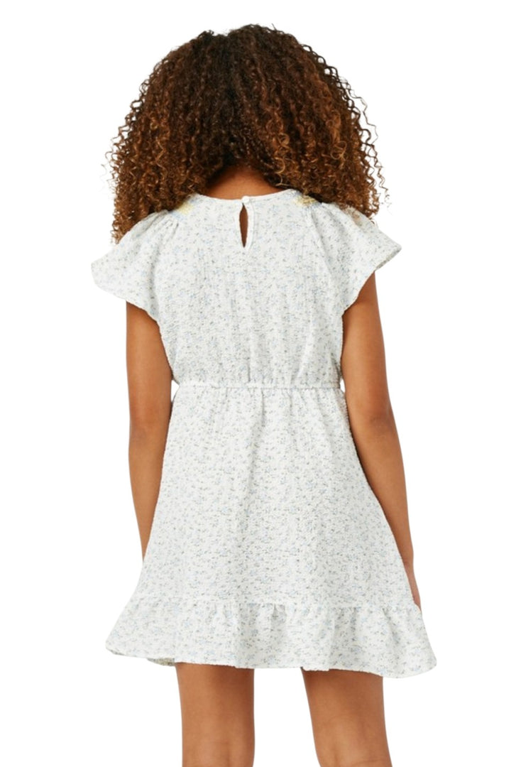Girls Cream & Blue Floral Ruffle Mini Dress