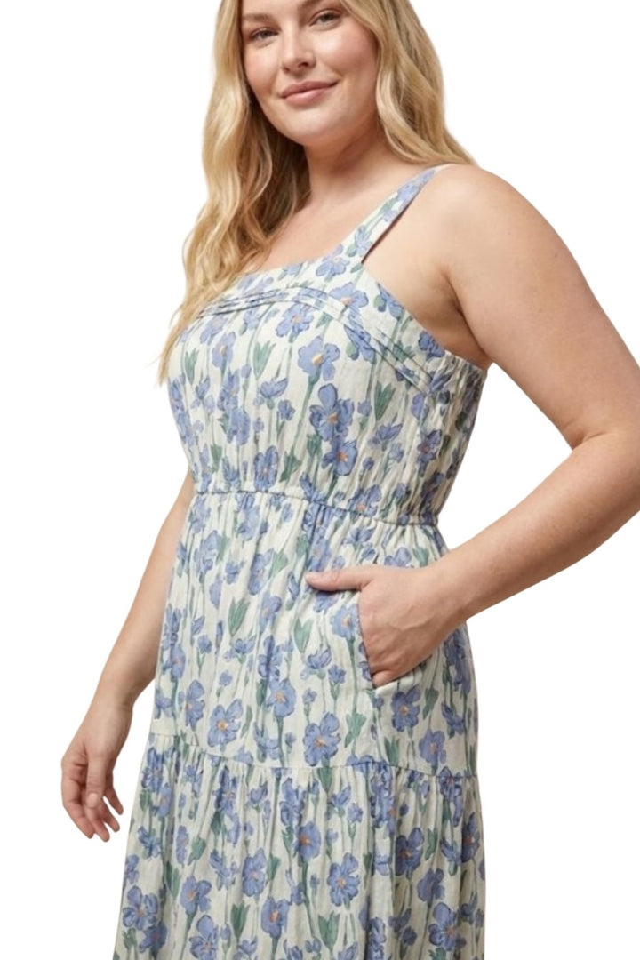 Blue Floral Pleated Poplin Midi Dress