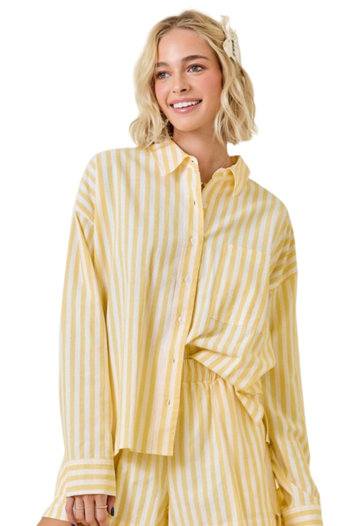 Lemon Yellow Stripe Oversized Button Down Long Sleeve Shirt