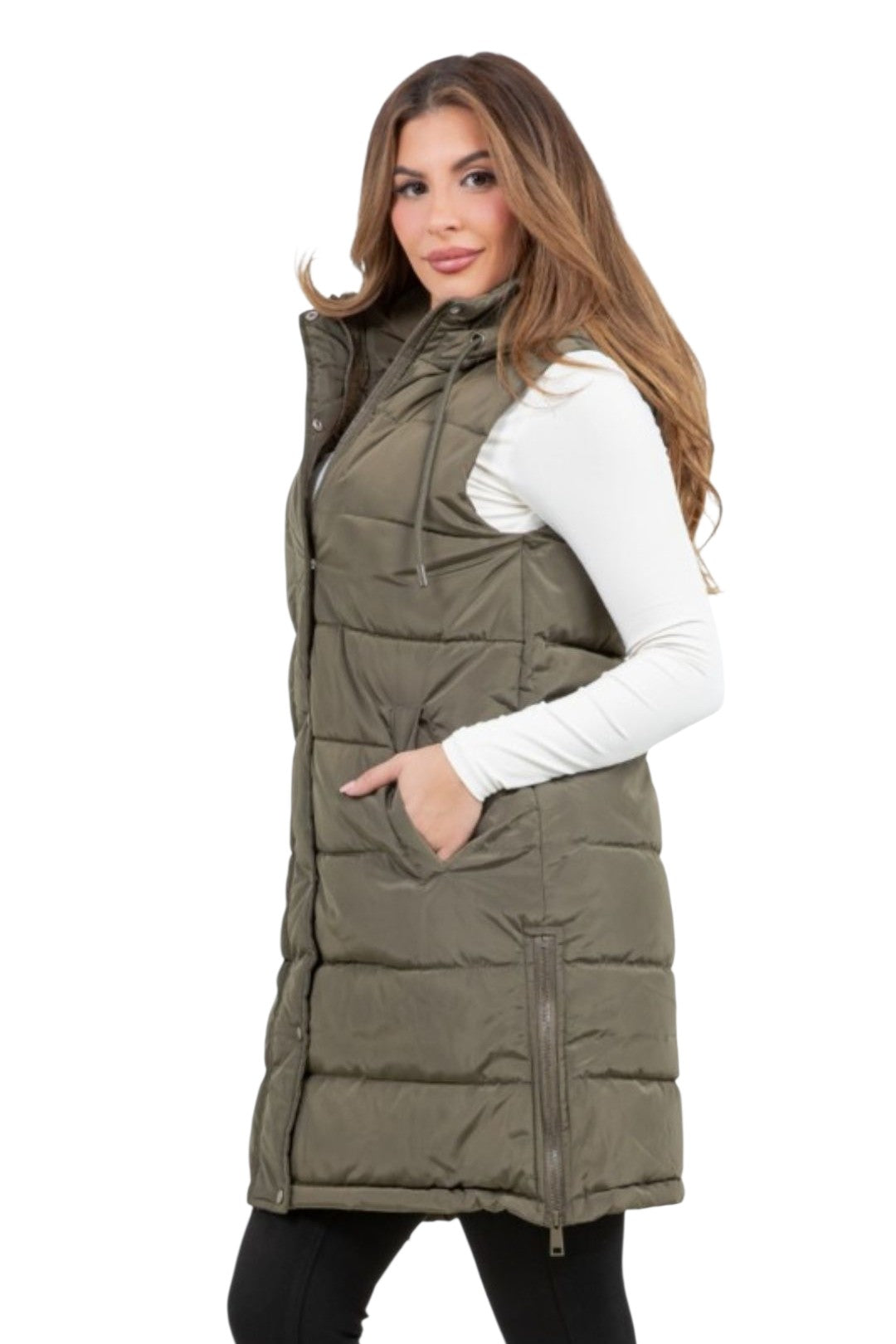 Olive Zip-Up Long Puffer Vest