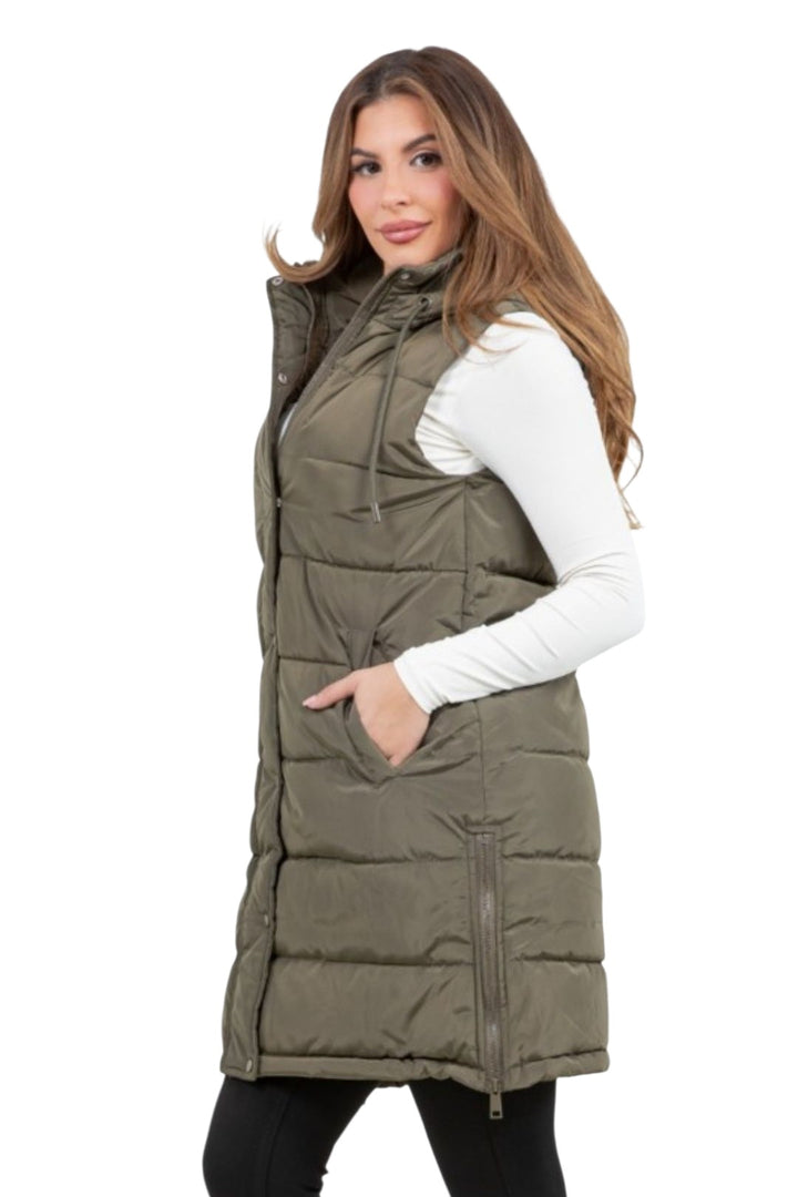 Olive Zip-Up Long Puffer Vest