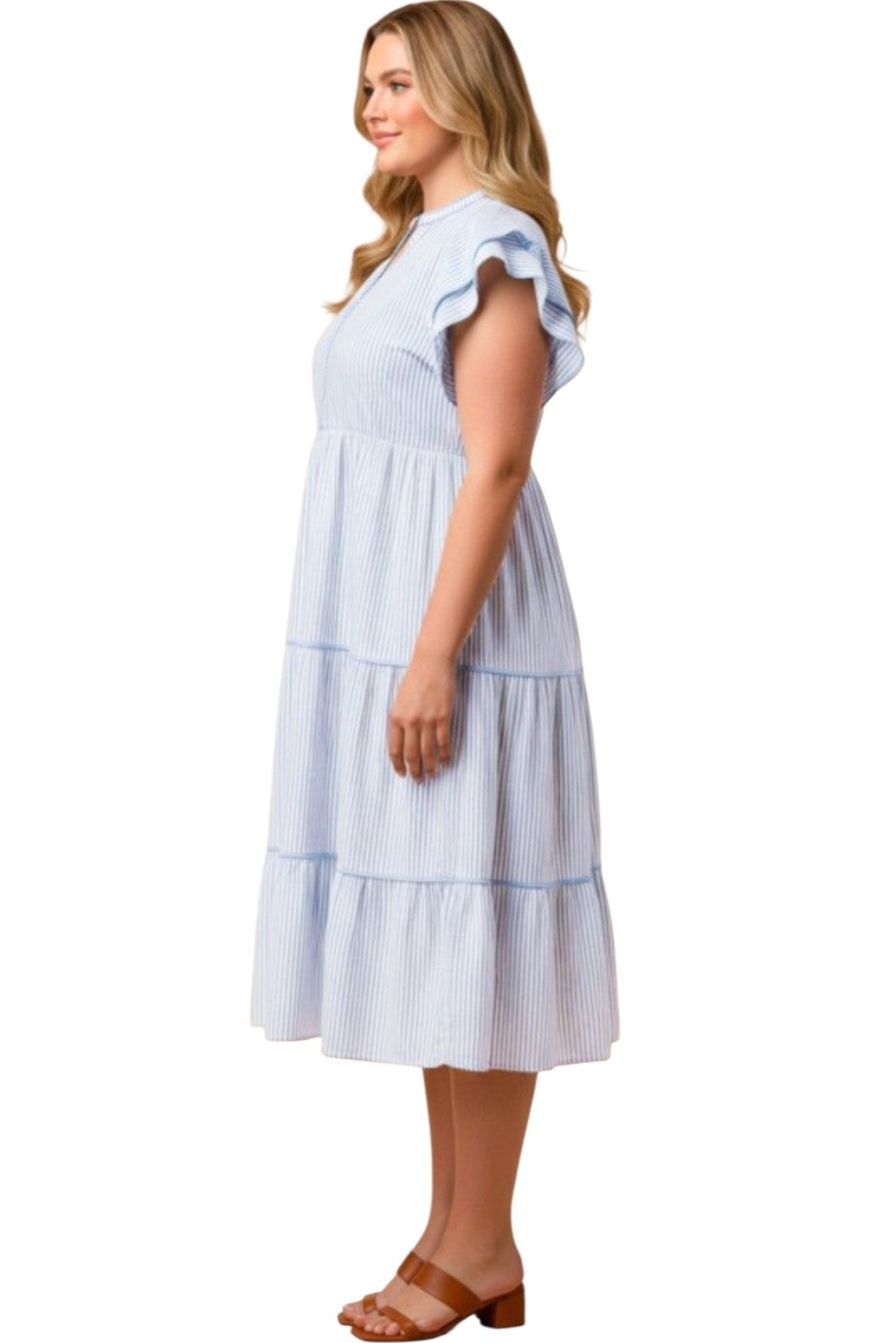 Blue Pinstripe Piped Double Ruffle Trim Midi Dress