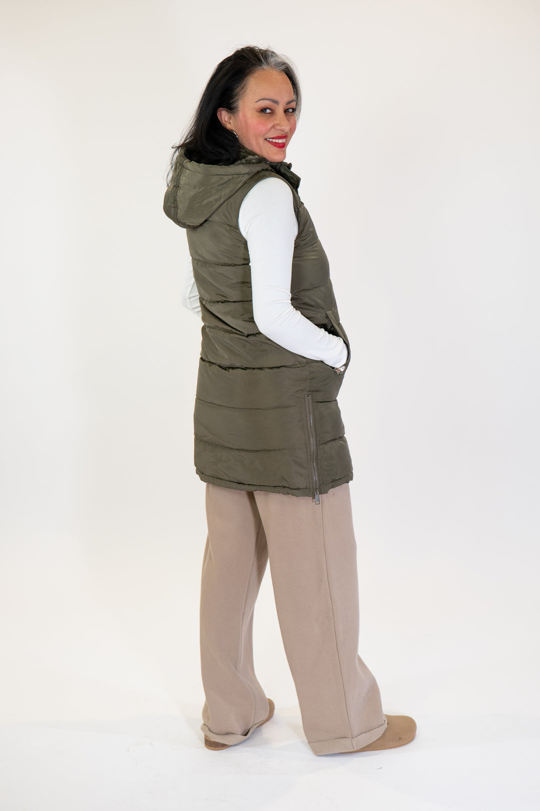 Olive Zip-Up Long Puffer Vest
