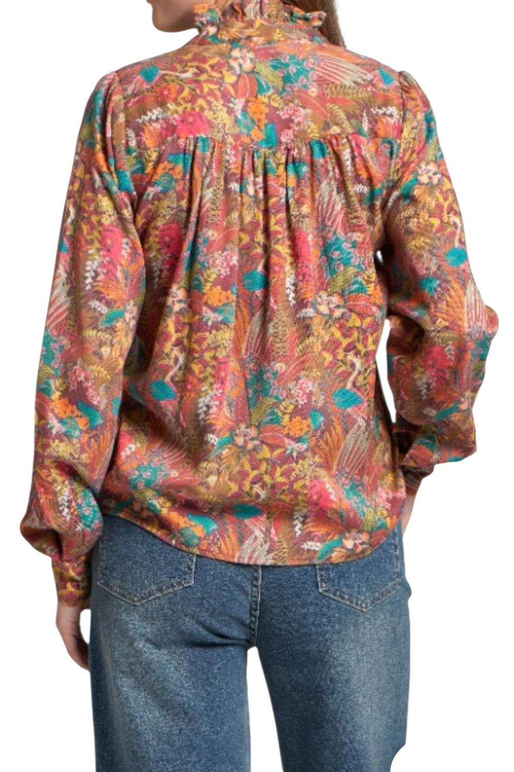 APNY Wine Jungle Pattern Ruffle Half Placket Blouse