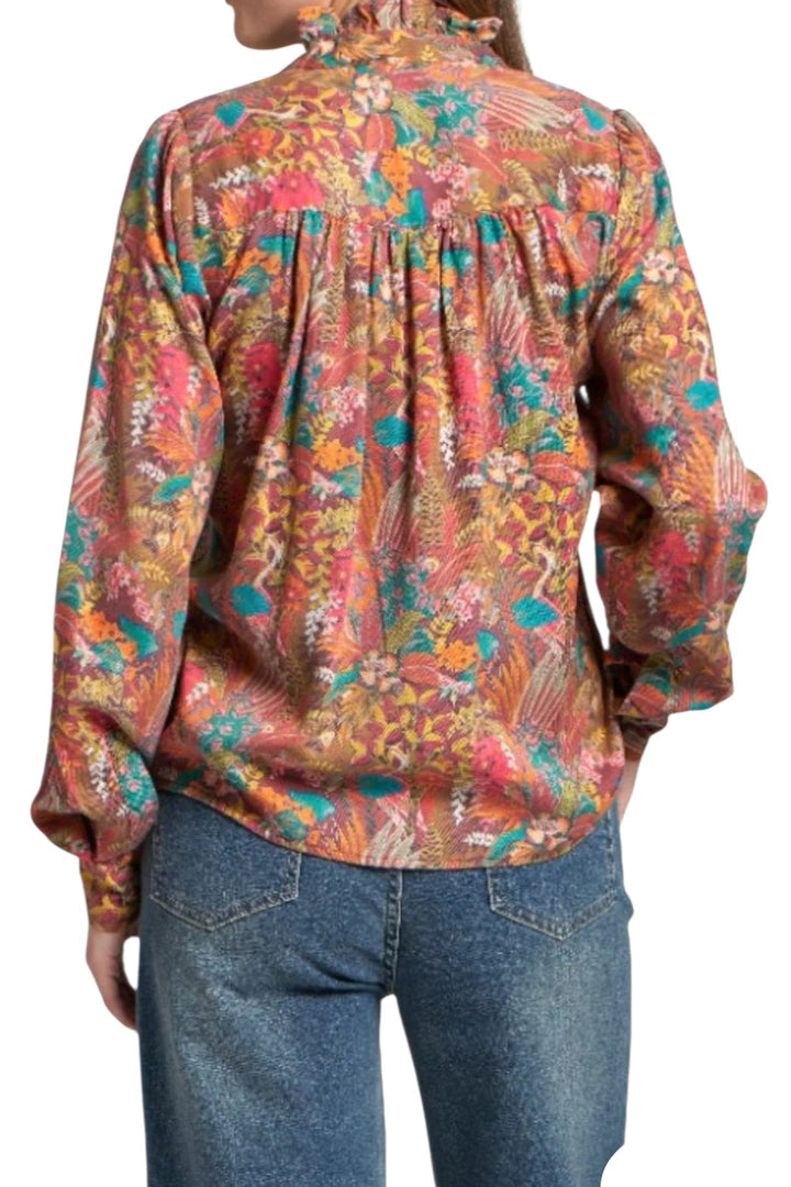APNY Wine Jungle Pattern Ruffle Half Placket Blouse