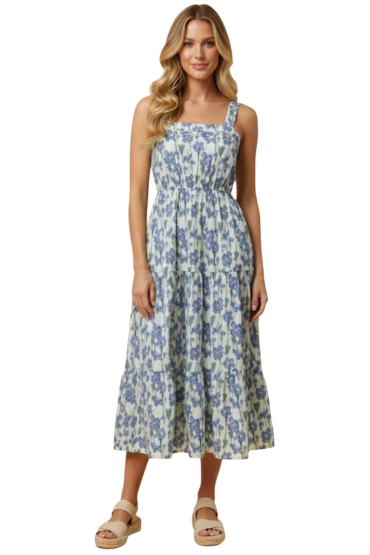 Blue Floral Pleated Poplin Midi Dress
