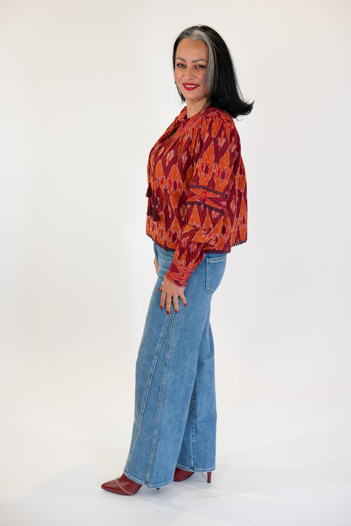 One Collective Spice Diamond Print Averno Quilted Yoke Blouse Top