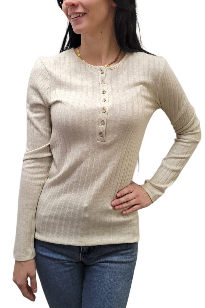 Sand Beige Button Down Ribbed Henley Shirt