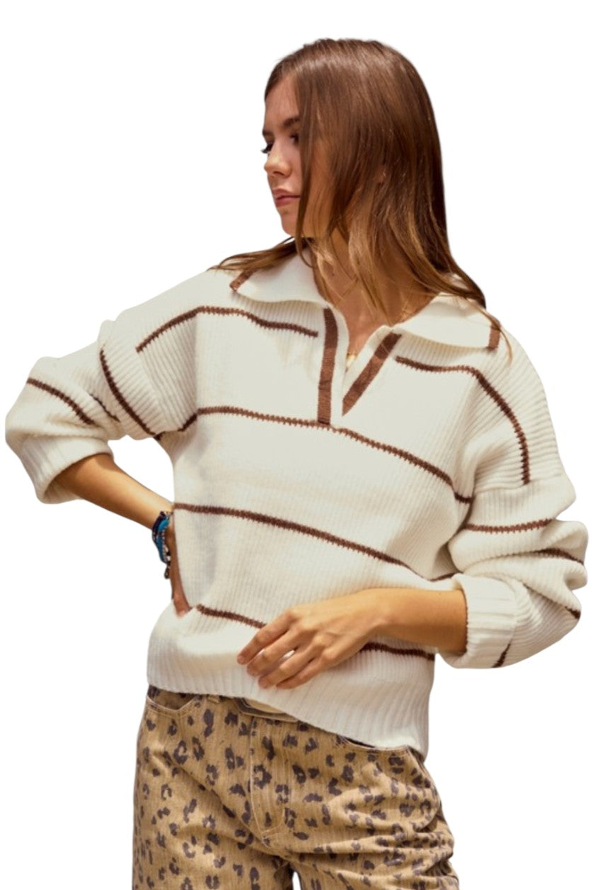 Latte & Ivory Stripe Collared Pullover Sweater