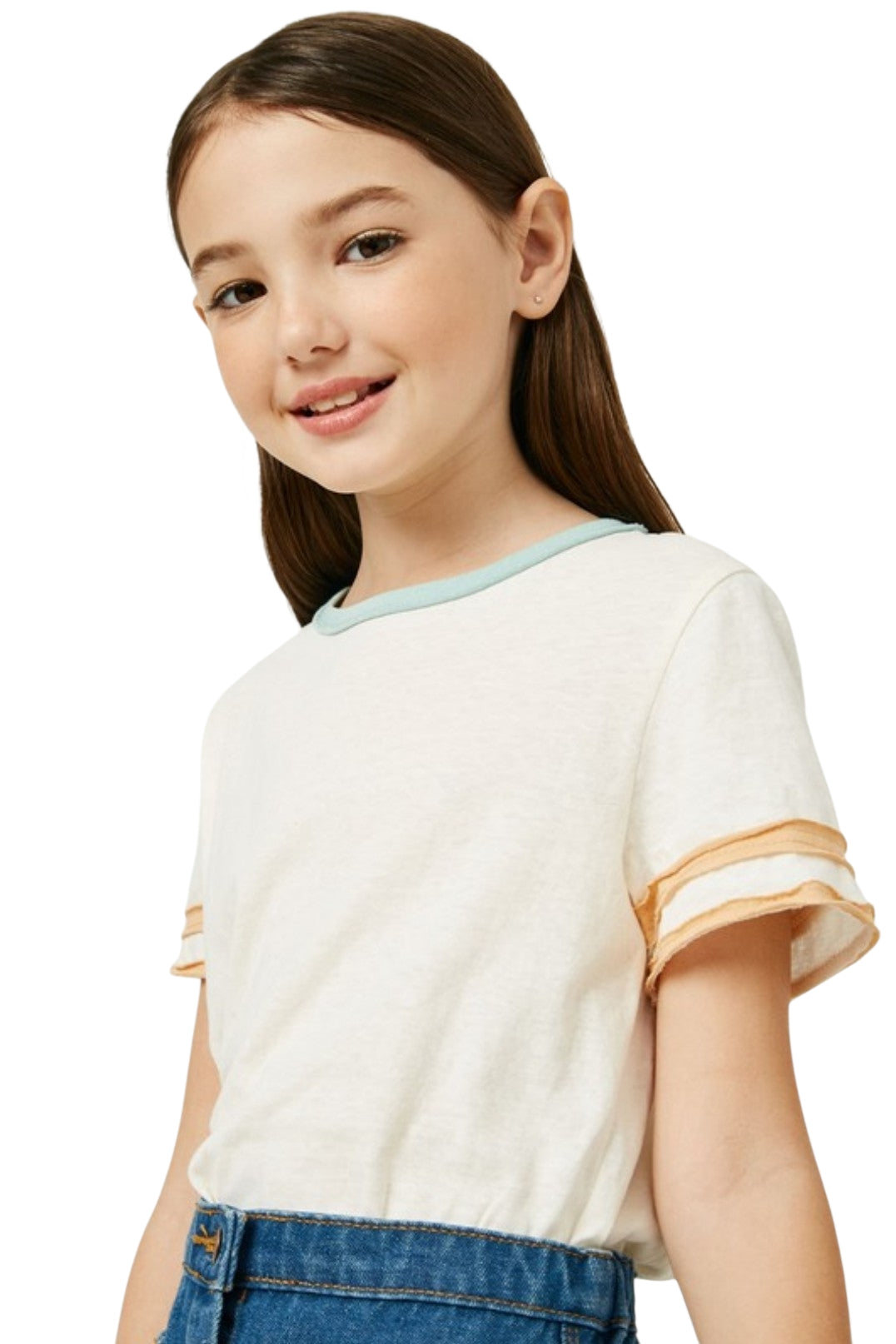 Girls Blue Contrast Band Knit Tee