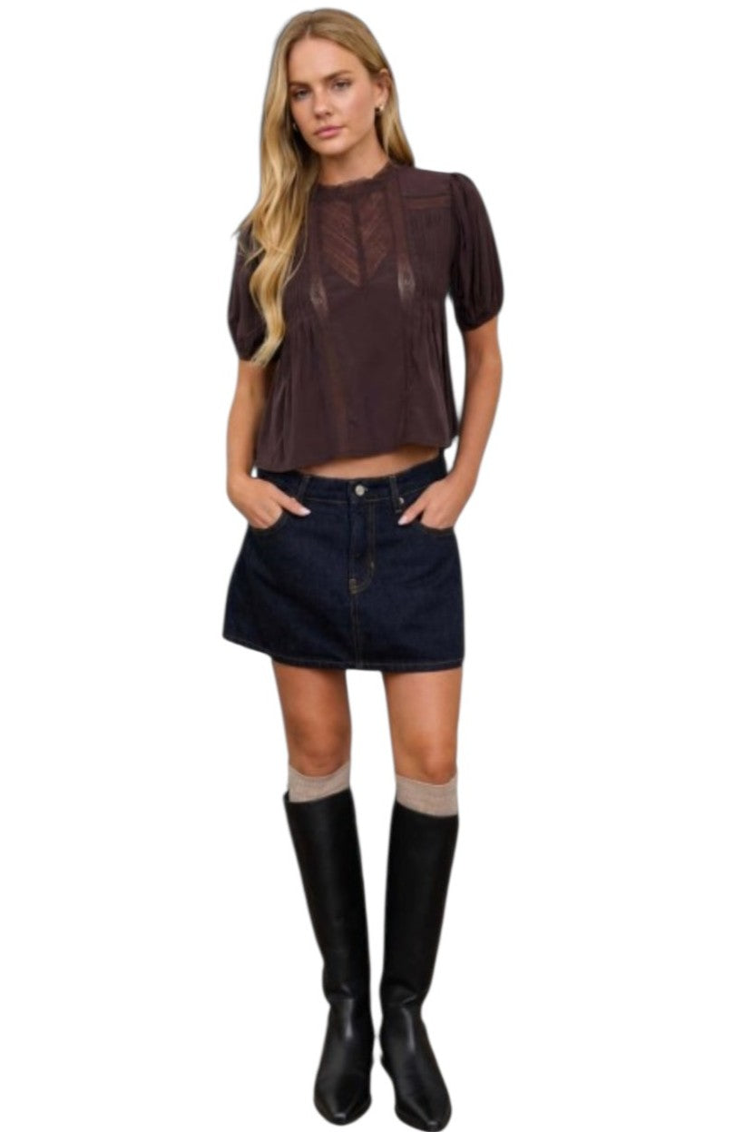 Brown Lace Trim Puff Sleeve Cropped Silky Top