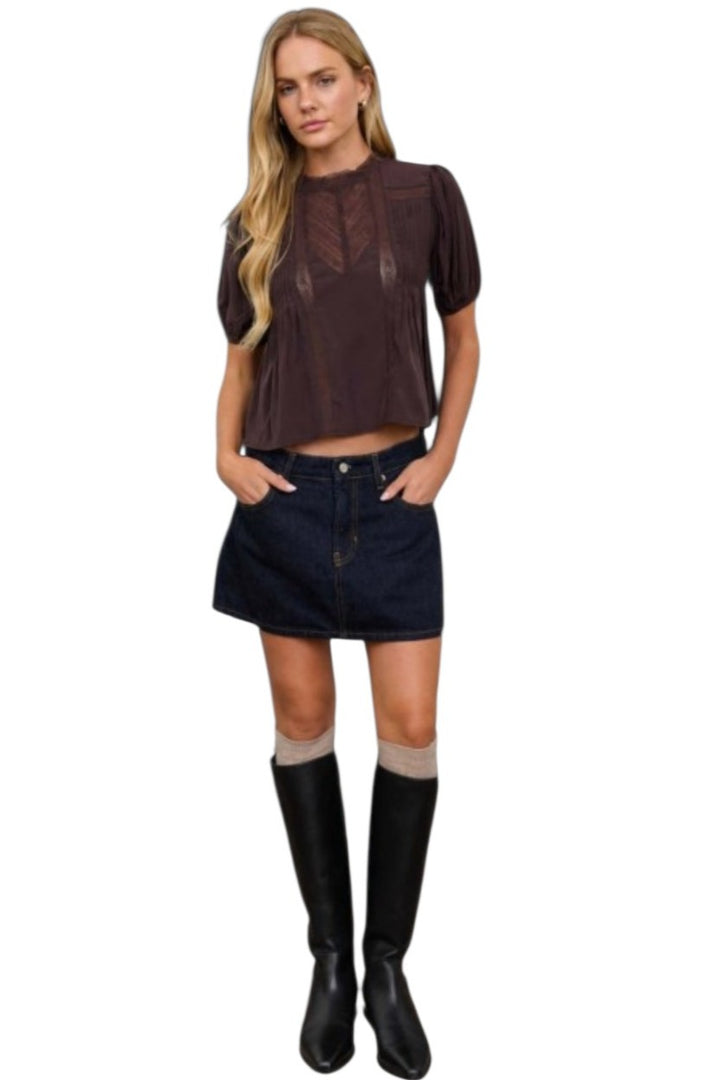 Brown Lace Trim Puff Sleeve Cropped Silky Top