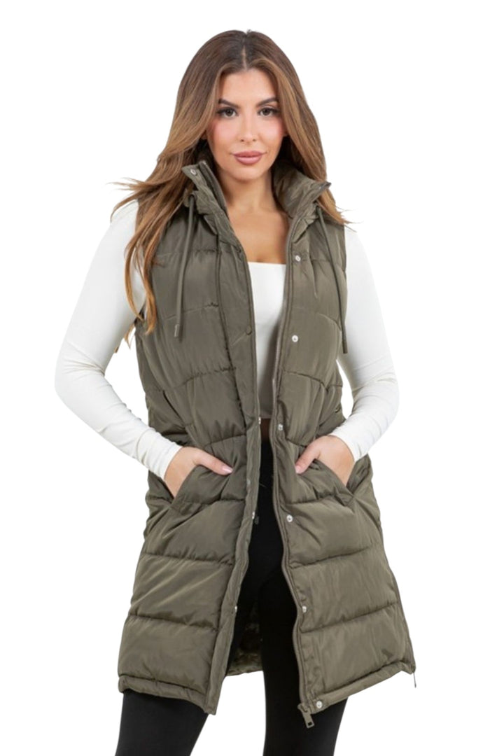 Olive Zip-Up Long Puffer Vest
