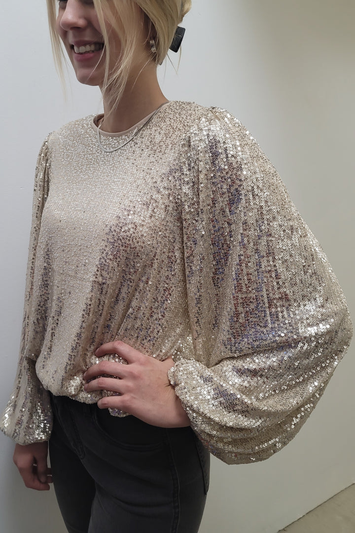 Dex Cream/Silver Sequin Detail Elastic Top