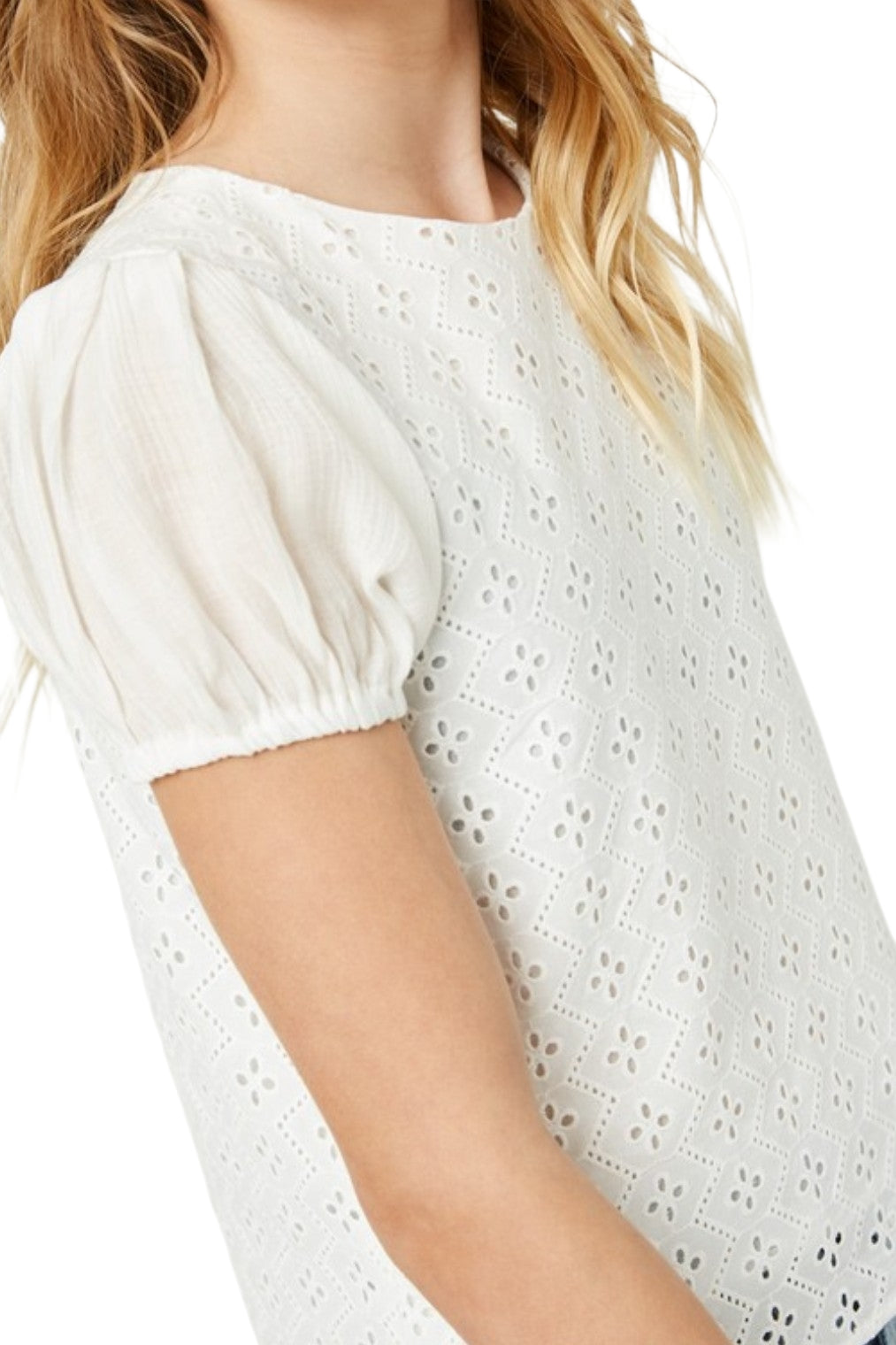 Girls Off White Honeycomb Eyelet Lace Top