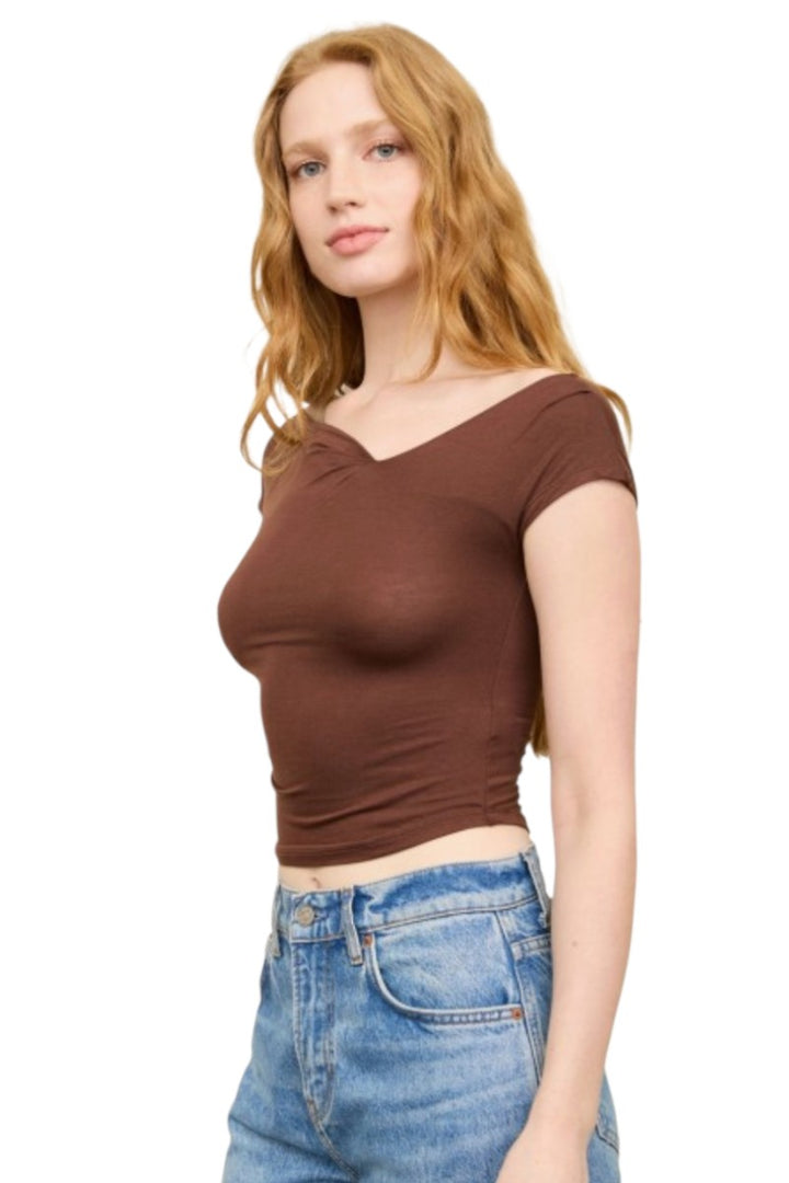 Chocolate Brown Asymmetrical Wrap Neckline Knit Top