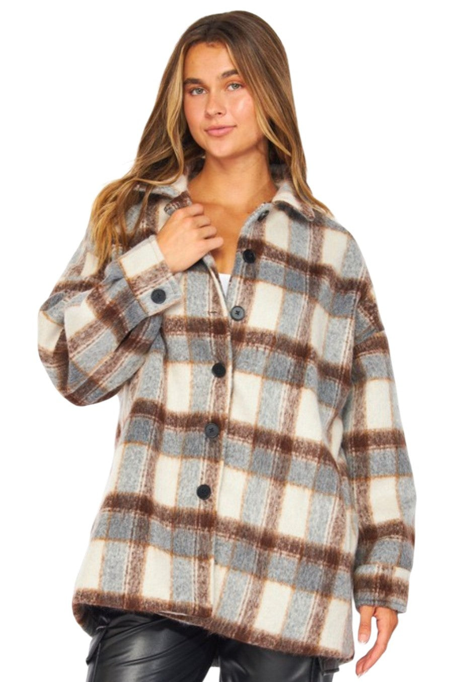 Brown & Grey Plaid Button Down Shacket