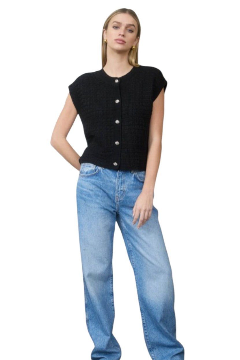 Black  Short Sleeve Gold Button Knit Sweater