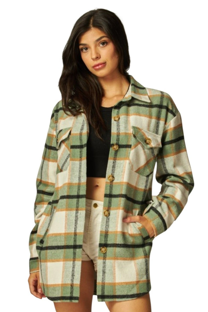 Green & White Plaid Long Button Flannel Jacket