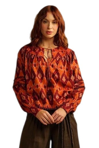 One Collective Spice Diamond Print Averno Quilted Yoke Blouse Top