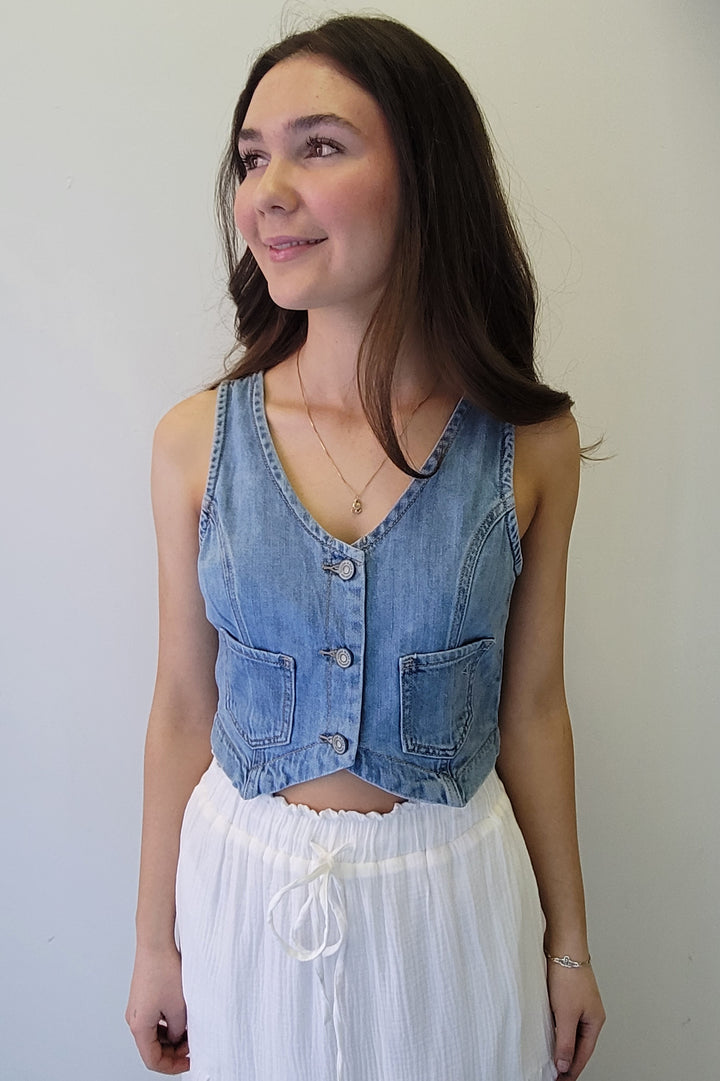 Hidden Light Wash Fitted Jean Vest