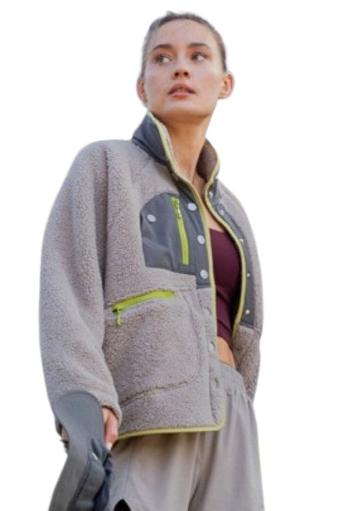 Mocha & Lime Snap Quarter Zip Sherpa Jacket