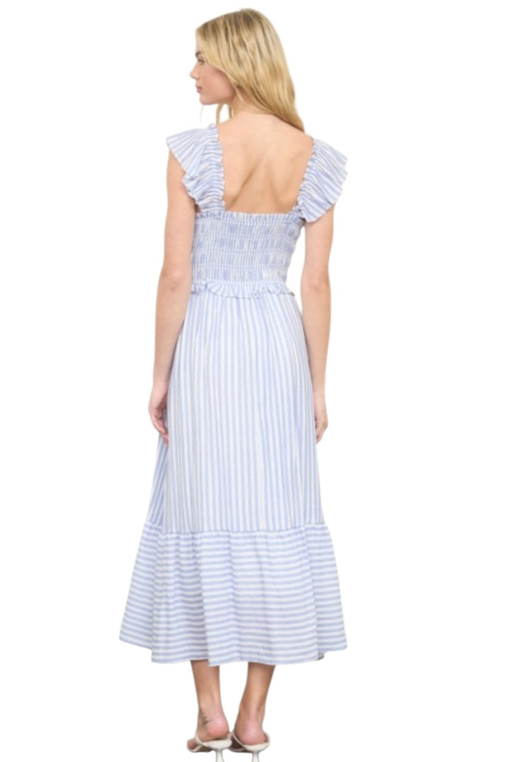 Blue Stripe Smocked Ruffle Trim Midi Dress