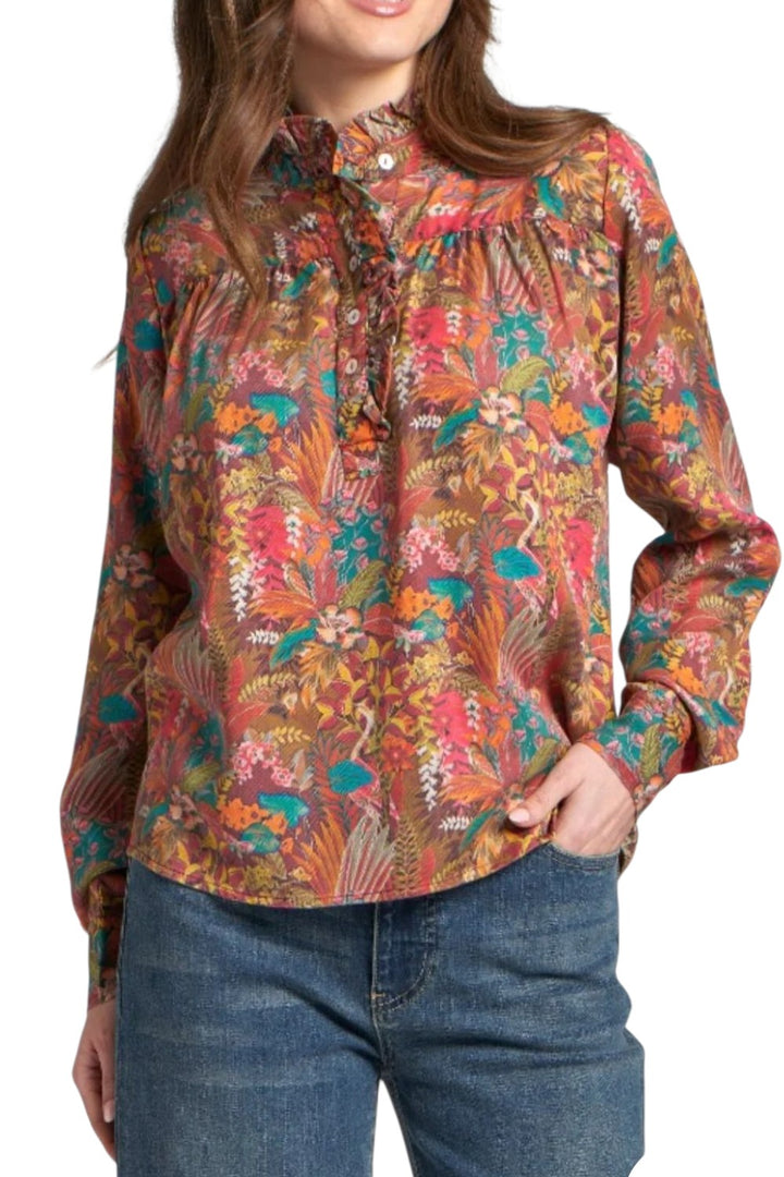 APNY Wine Jungle Pattern Ruffle Half Placket Blouse
