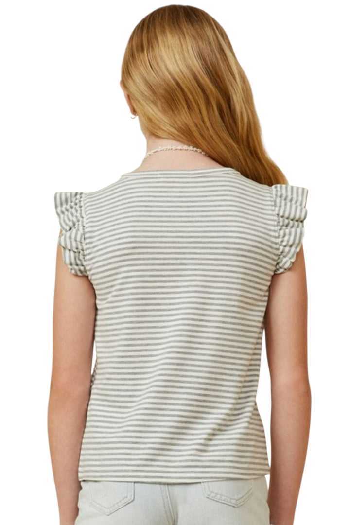 Girls Grey & White Stripe Flutter Sleeve Knit Top