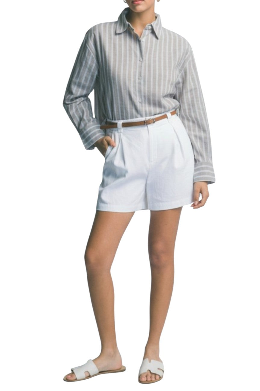 White Pleated Linen Blend Shorts
