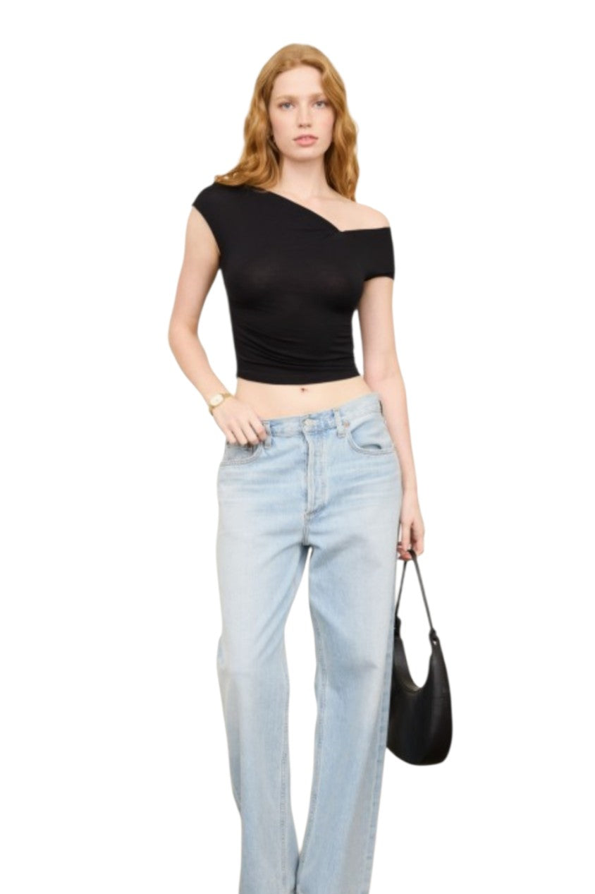 Black Asymmetrical Wrap Neckline Knit Top