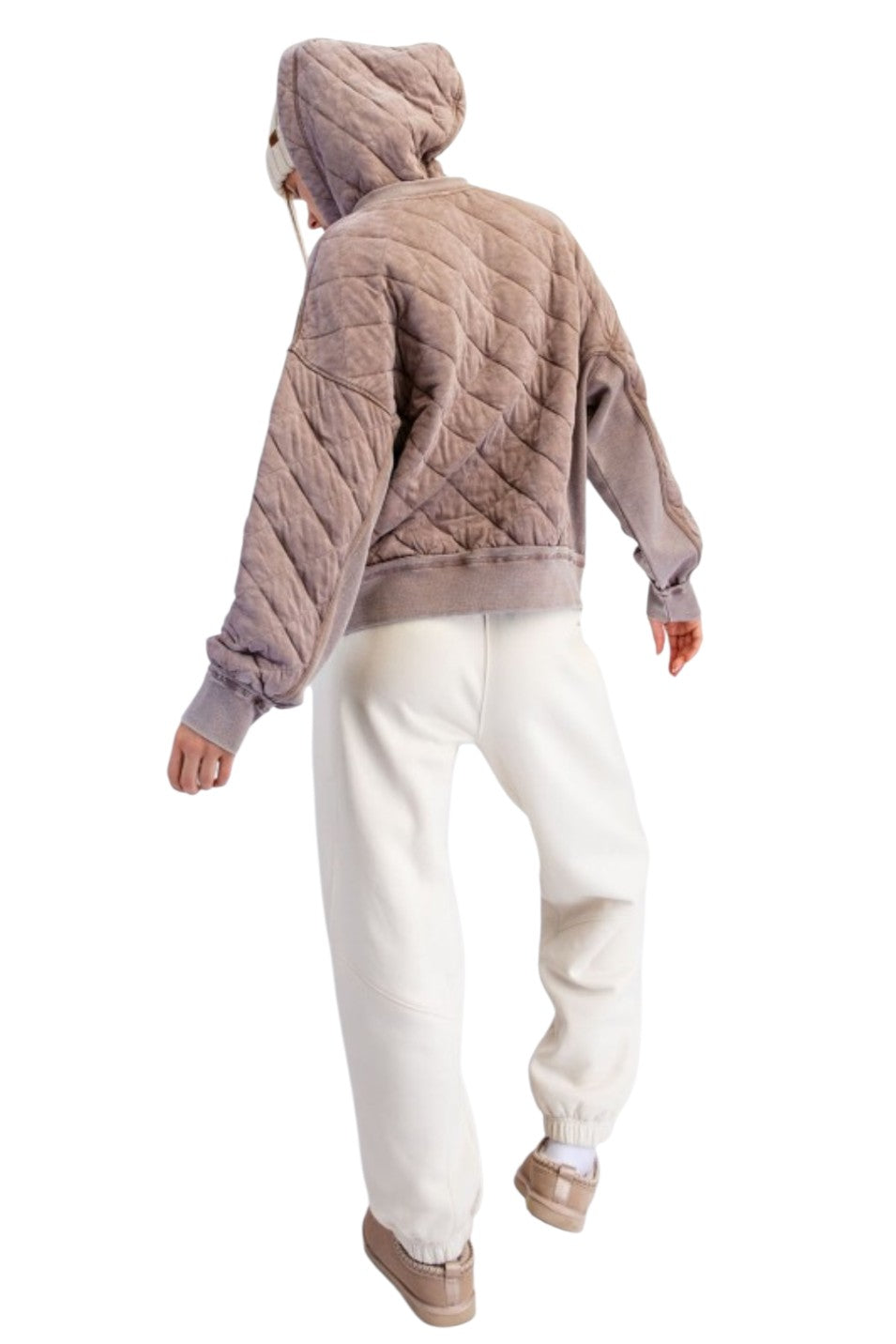 Mocha Quilted Mineral Wash Quarter Zip Hoodie