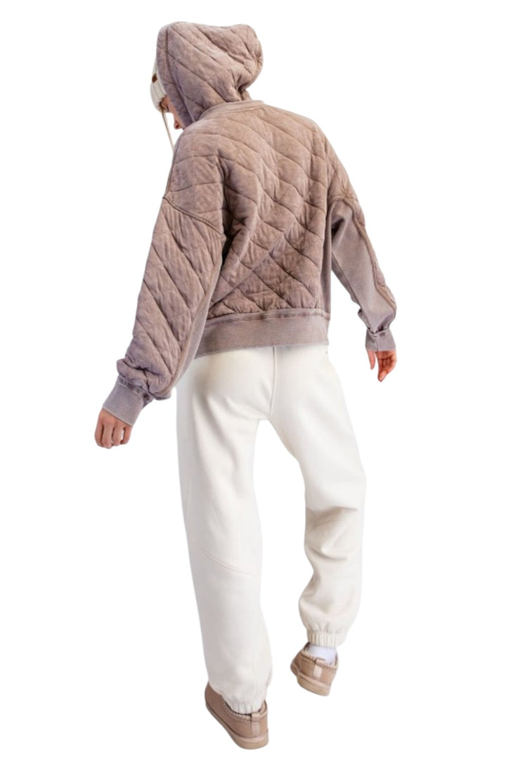 Mocha Quilted Mineral Wash Quarter Zip Hoodie