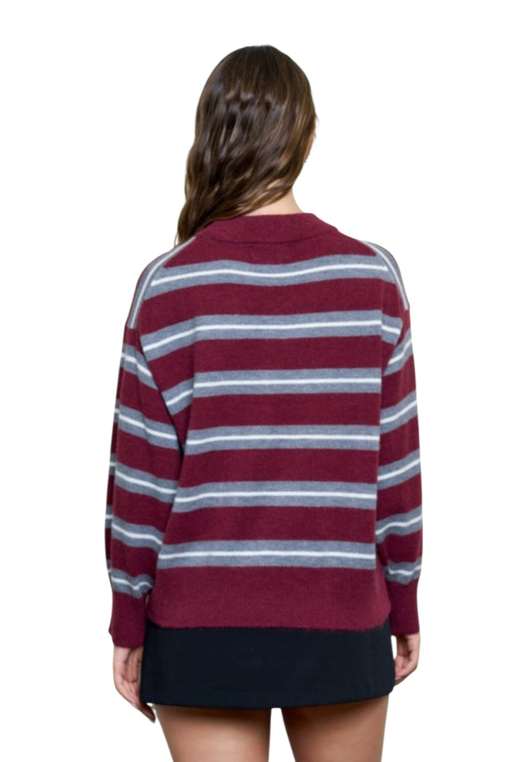 Burgundy & Grey Stripe Crew Neck Relaxed Knit Sweater