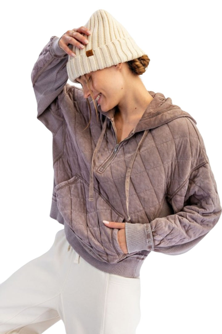 Mocha Quilted Mineral Wash Quarter Zip Hoodie