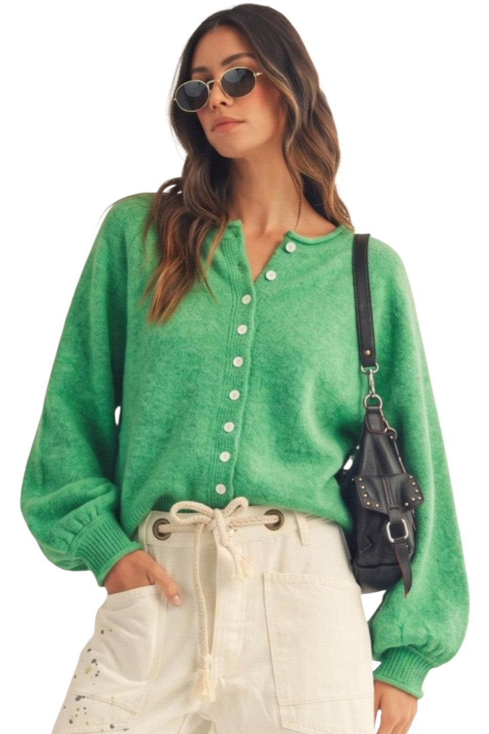 Kelly Green Marbled Knit Button Cardigan