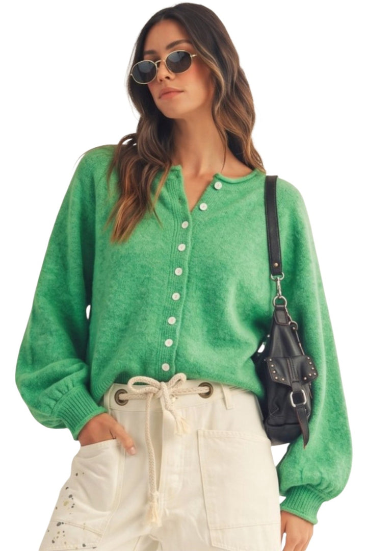 Kelly Green Marbled Knit Button Cardigan