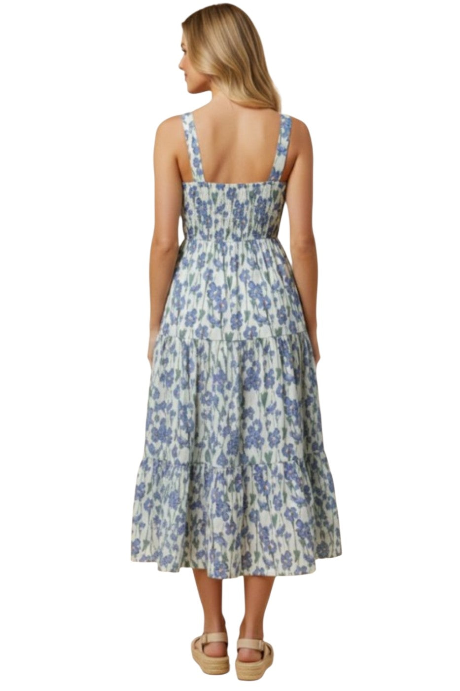 Blue Floral Pleated Poplin Midi Dress