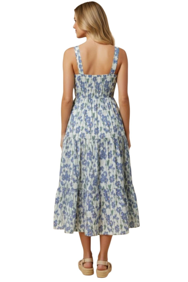 Blue Floral Pleated Poplin Midi Dress